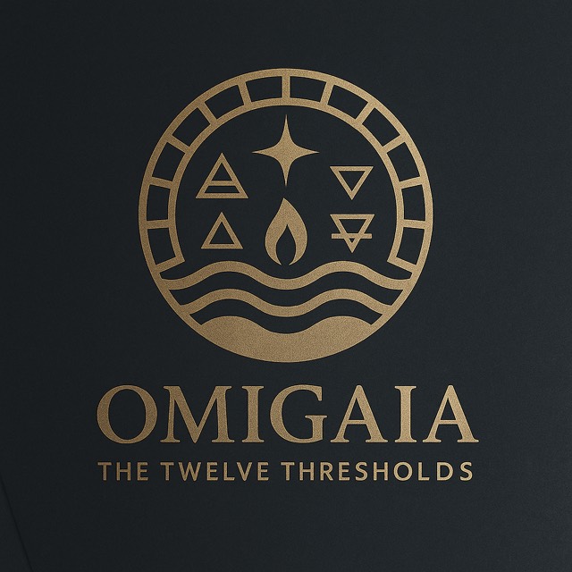 The OmiGaia emblem: a ring of twelve segments enclosing the alchemical signs for fire, water, air and earth, a four-pointed star above a flame, and waves along the base.
